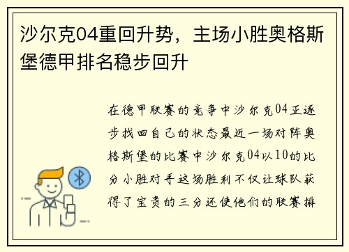 沙尔克04重回升势,主场小胜奥格斯堡德甲排名稳步回升
