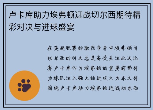 卢卡库助力埃弗顿迎战切尔西期待精彩对决与进球盛宴